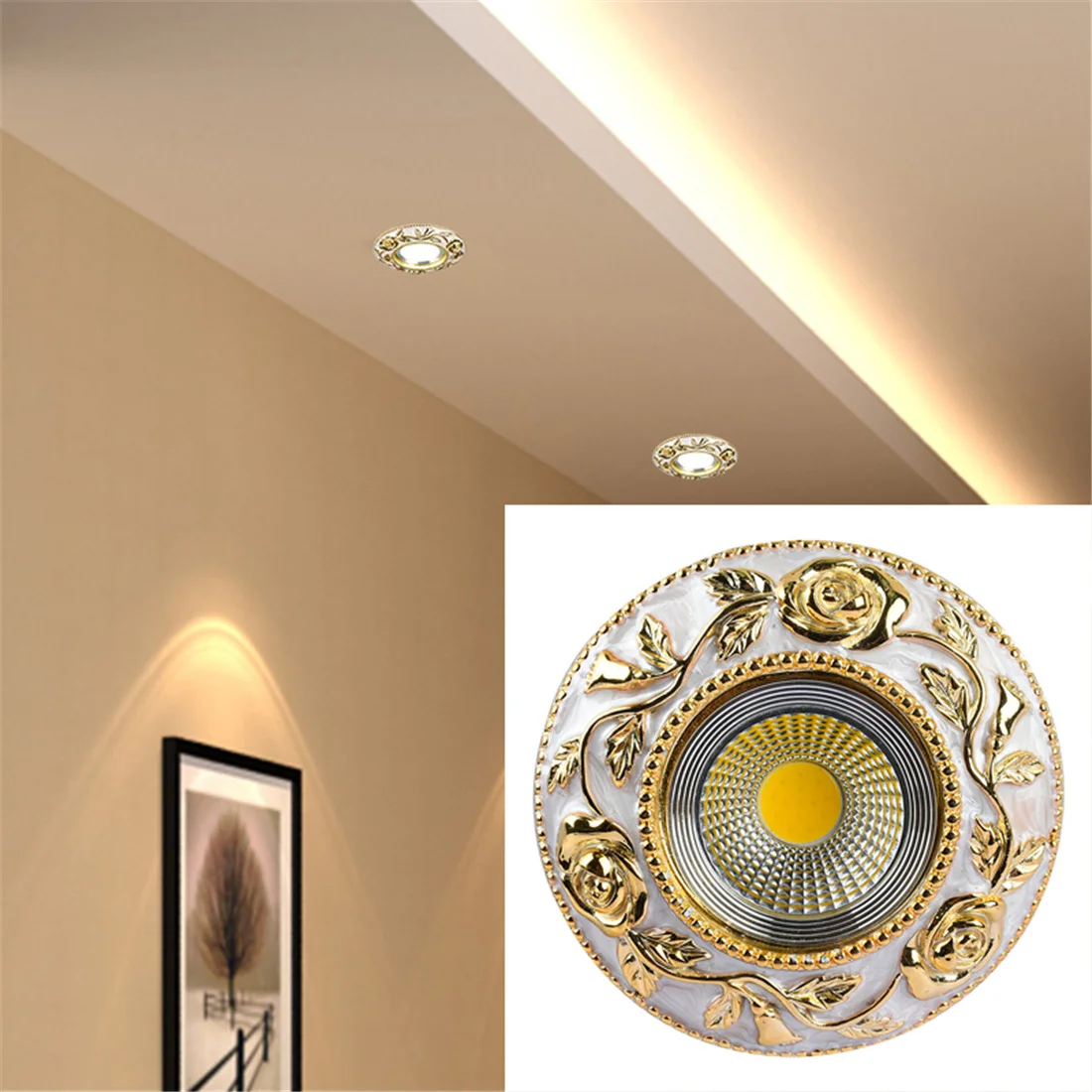 European Style Golden Rose Pattern Resin Led Embedded Downlight Living Room Restaurant Corridor Loft 5W 7W Recessed Spot Lamp