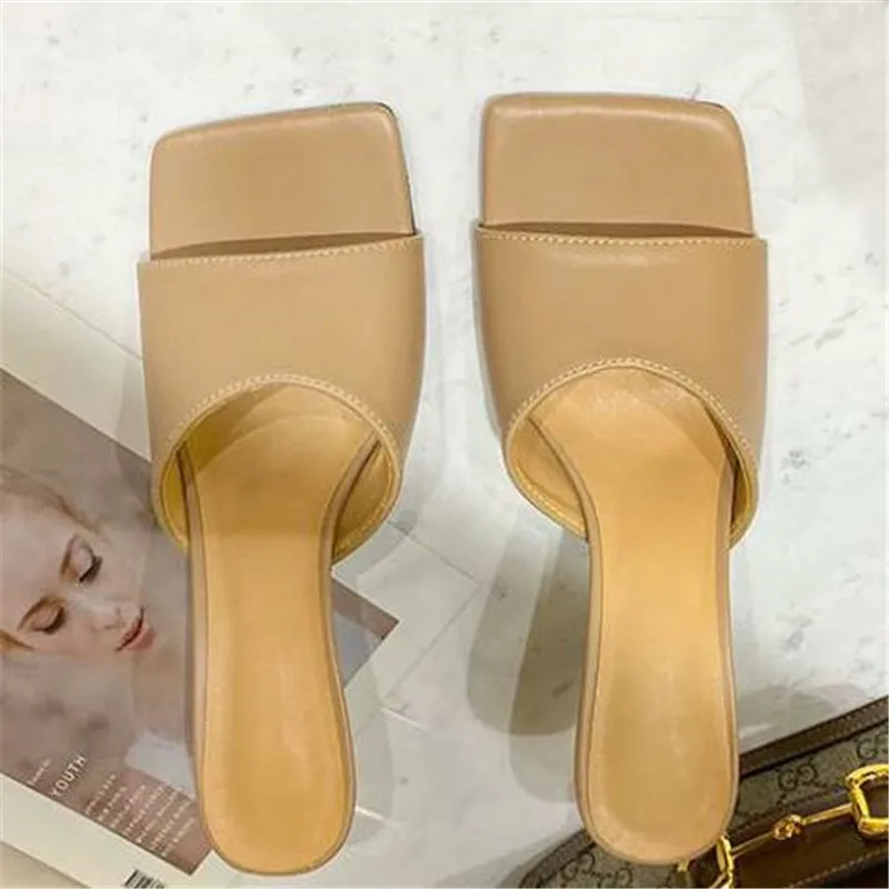 High Quality Soft Leather Casual Mules Thin High Heel Sandals Summer Women Square Toe Outdoor Slippers Dress Shoes