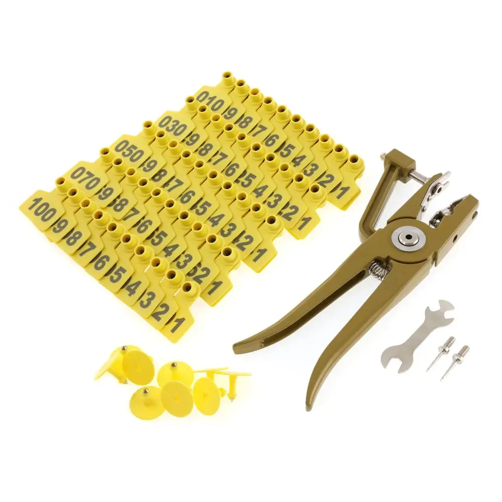 Livestock Identification Numbered Ear Tags for Cattle Pigs Calf Hogs Goat 100 Pcs Animal Plastic TPU Earring Tagger with Plier