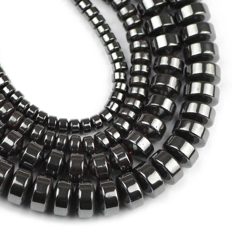 JHNBY Cylinder Black Hematite Beads 4/6/8/10MM Natural Stone Geometric Flat Round Loose Beads For Jewelry Bracelet Making DIY