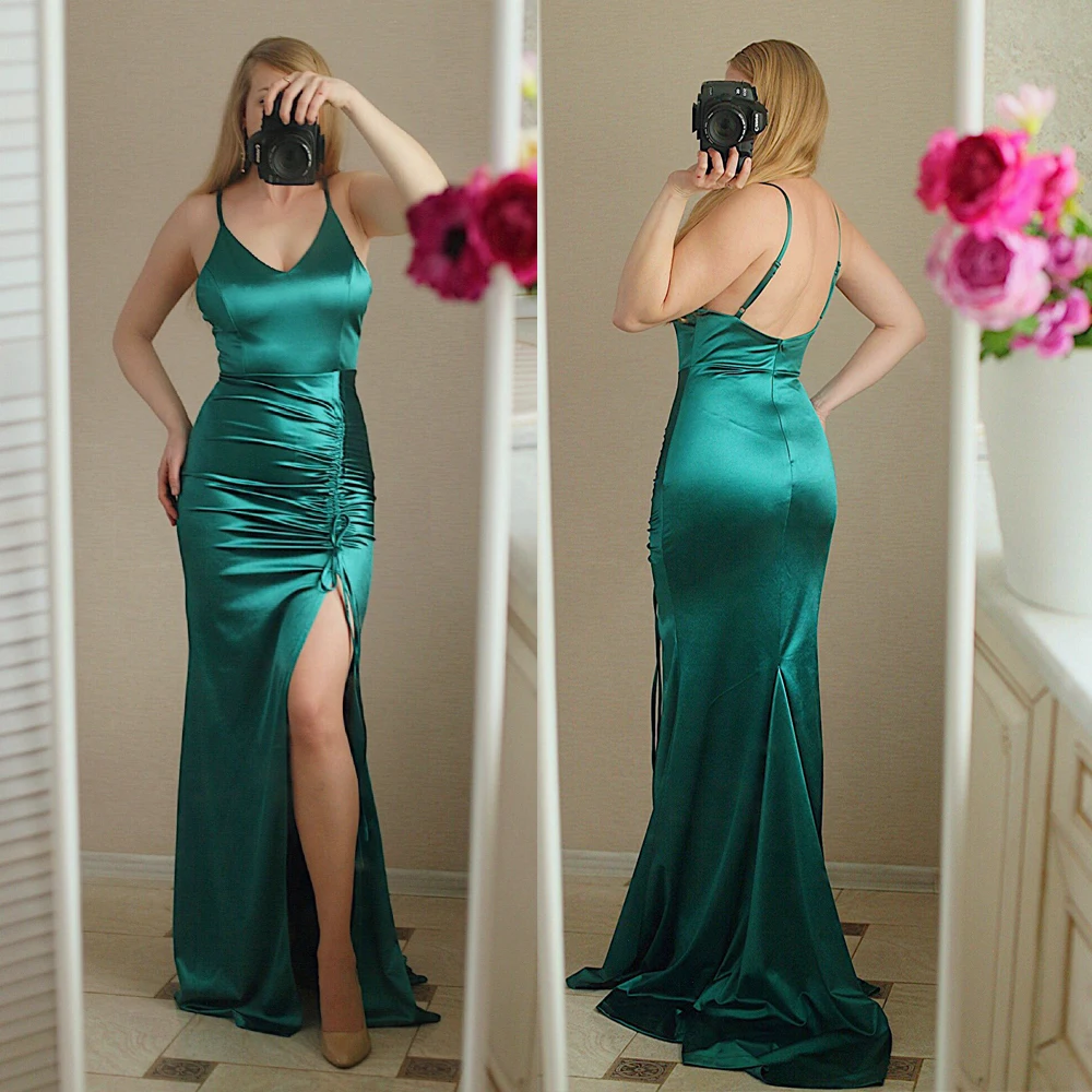 Green Satin Drawstring Split Leg V neck Backless Sleeveless Long Evening Party Dress Gown Prom Summer