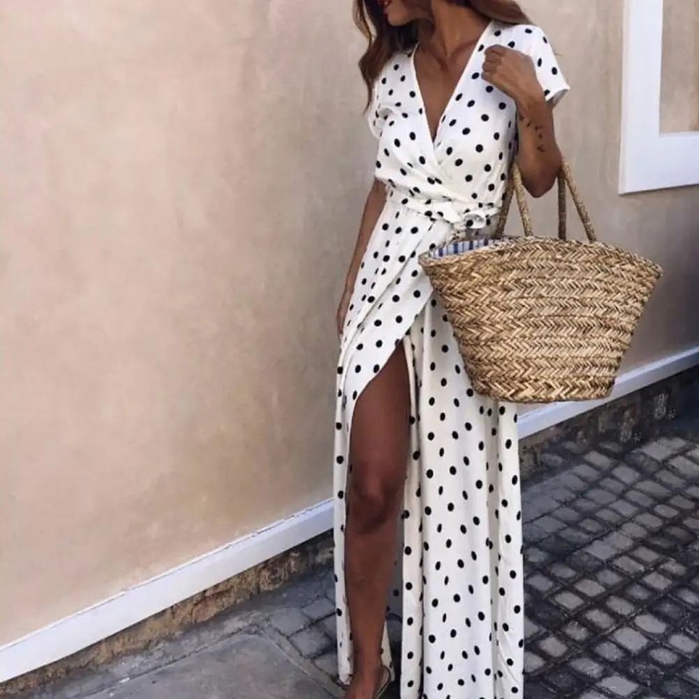 Summer Women's Beach Party Sexy Deep V Dot Split Short Sleeve Long Dress Floral Print Bohemian Long Shirt Chiffon Dress