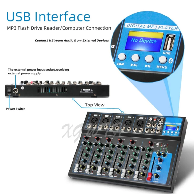 Bluetooth Audio Mixer USB DJ Sound Mixing Console MP3 48V Phantom Power 7 Channel Mixing Studio Recording Equipment