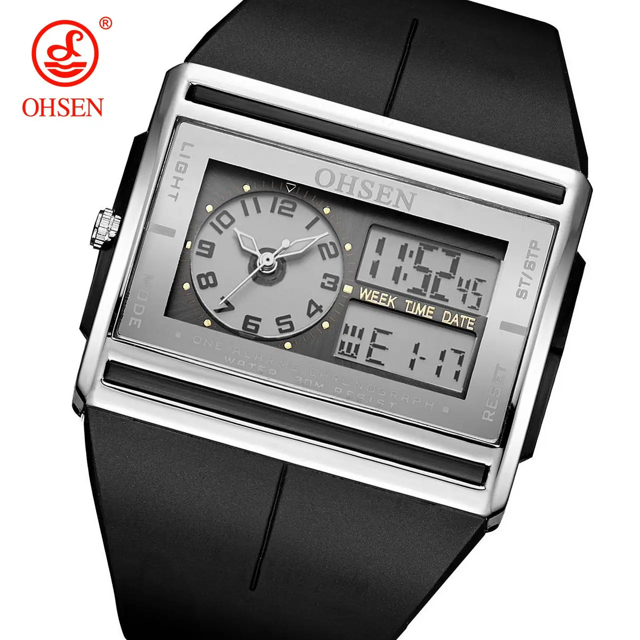 OHSEN-Reloj de pulsera deportivo para hombre, cronógrafo Digital de cuarzo con pantalla de doble hora, resistente al agua hasta 30M, banda de goma,