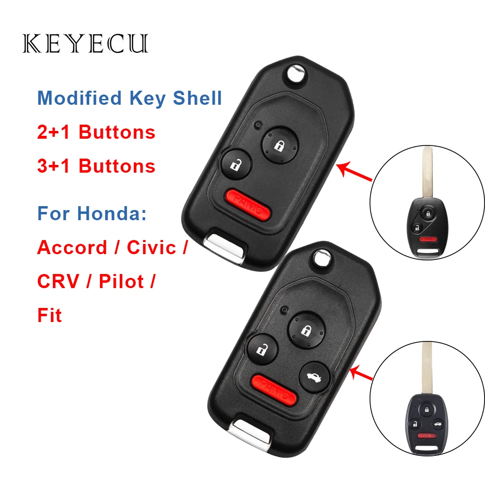 

Keyecu Modified Flip Remote Car Key Shell Case Cover Frame 3 4 Buttons for Honda Accord Civic CRV Pilot Fit (Shell Only)