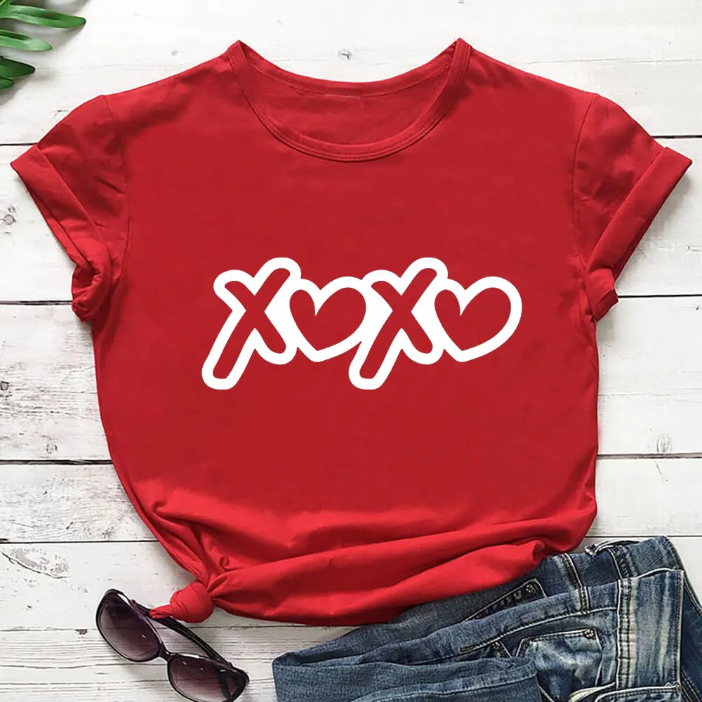 

XOXO New Arrival Valentine's Day Shirt 100%Cotton Women Tshirt Girls Summer Funny Casual Short Sleeve Top Gift for Her Dropship