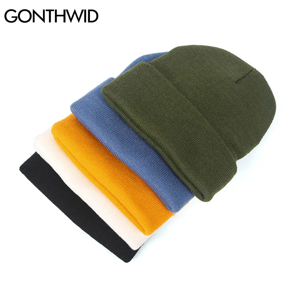 GONTHWID Beanie cappelli lavorati a maglia tinta unita Hip Hop Harajuku ricamo sorriso viso caldo polsino Slouchy Skull berretti da sci berretti