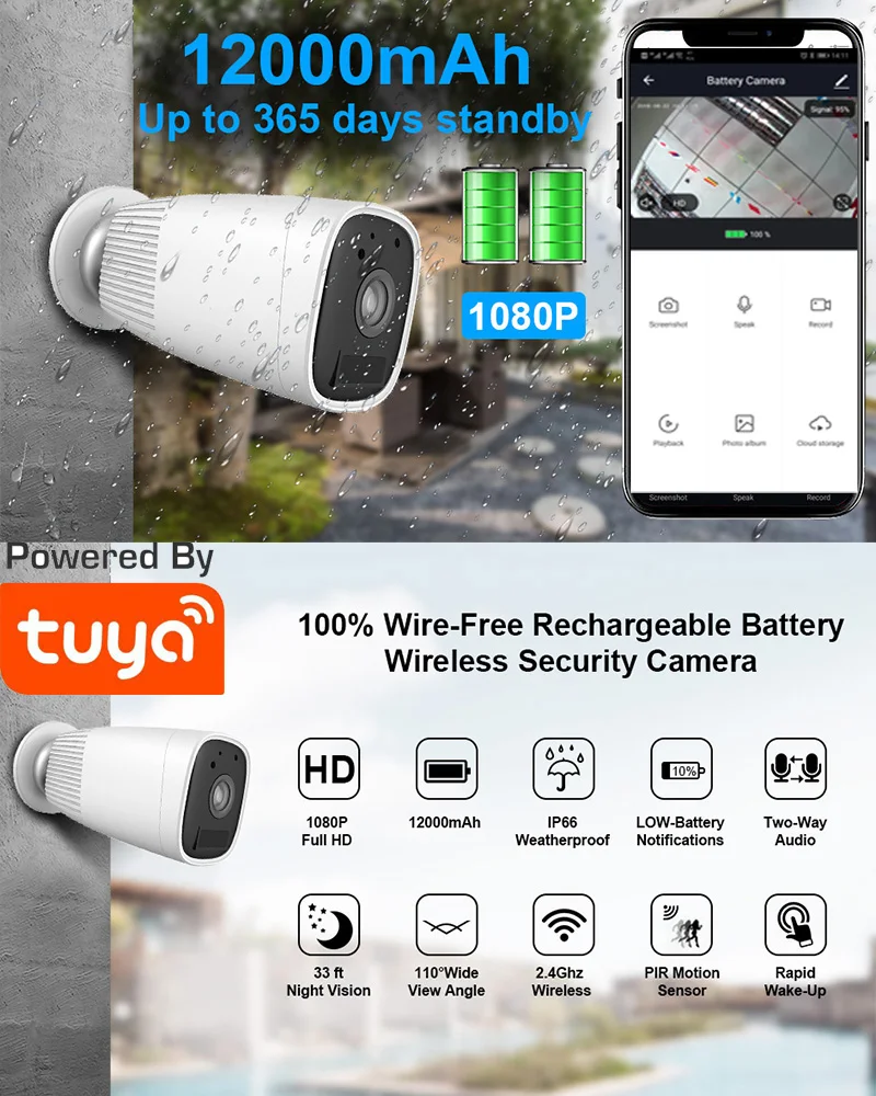 Tuya 1080P Battery Powered IP Camera Waterproof Outdoor WiFi Google Camera with Two Way Audio Night Vision PIR Motion Detect