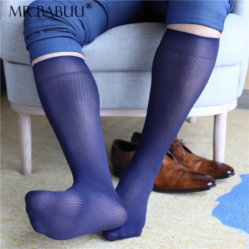 Men's straight pinstripe soft nylon stretch mid-tube long-tube business suits high stretch men's nylon stockings