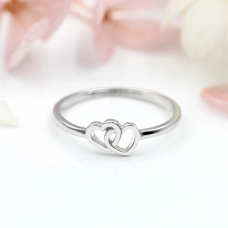 CLUCI Silver 925 Romantic Double Heart Anniversary Ring Simple Design Women Engagement Ring Gift Jewelry DR1004SB