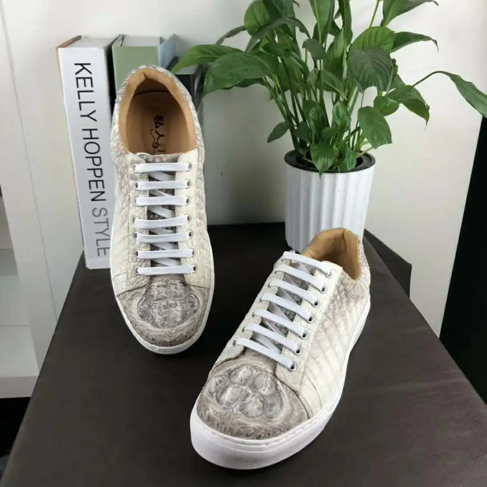 Himalaya white color genuine crocodile skin alligator head leather men shoe sneaker with cow skin lining solid quality shoe base