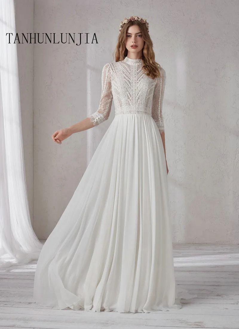 

High Neck White Wedding Dress A Line Button Lace With 3/4 Sleeves Outdoor&Church Wedding Dresses