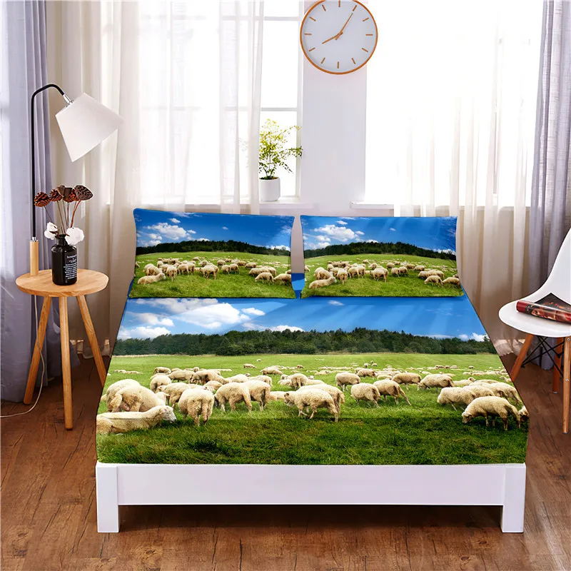 Pasture Sheep Digital Printed 3pc Polyester  Fitted Sheet Mattress Cover Four Corners with Elastic Band Bed Sheet Pillowcases