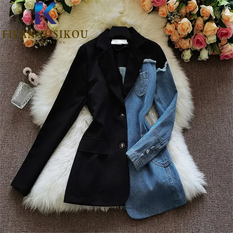 Denim Spliced Blazer Jacket Women Single Breasted Lapel Black Suit Jacket Asymmetry Fashion Patchwork Loose Blazers Coat Female