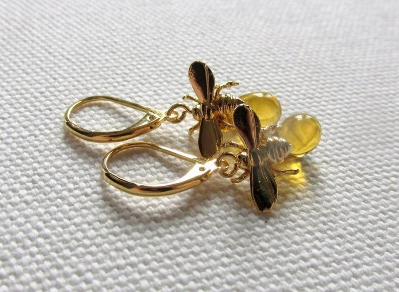 Bee Earrings, Gold Bumble Bee and Honey Leverback Dangle Earrings