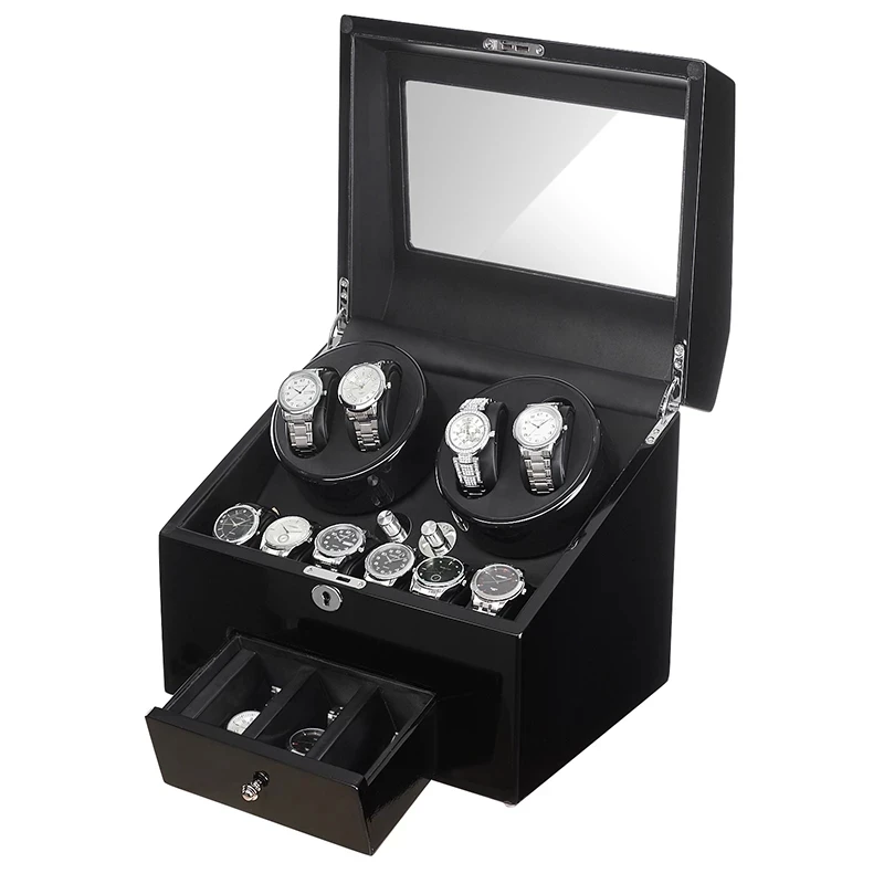 

JQUEEN 5 modes Automatic Black Baking Finish Watch Winder Display Box 4+9 Storages Black PU Leather Interior AAA Quality