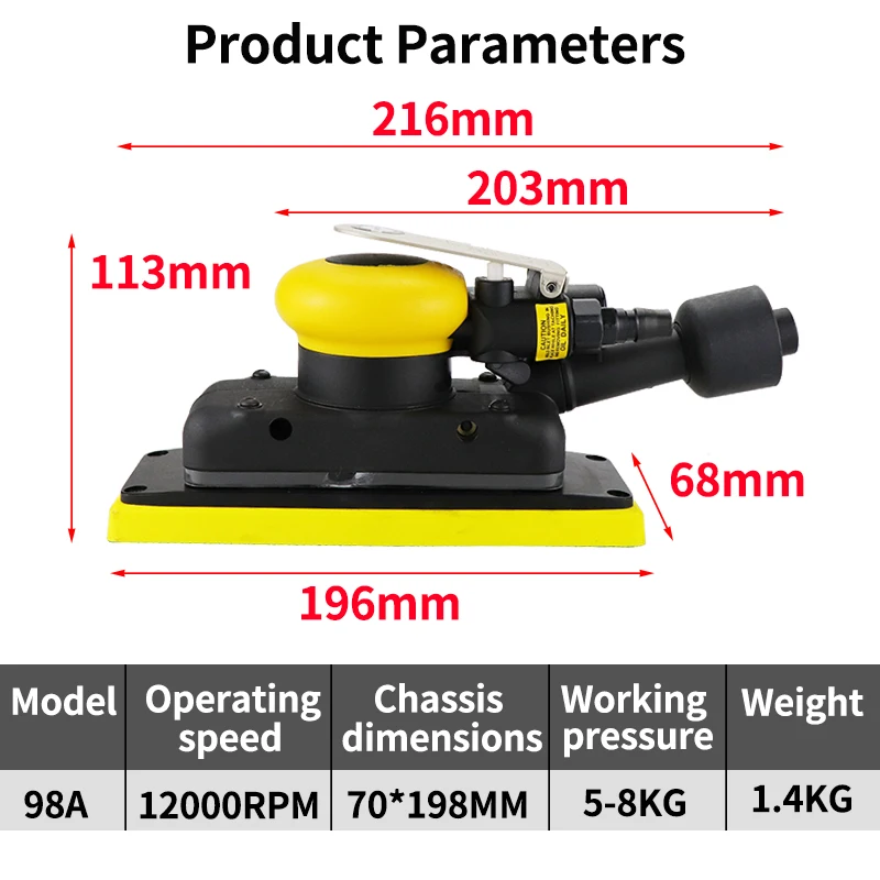 HIFESON Rectangular Pneumatic Dry Sander Car Paint Putty Sander 70*198mm Sandpaper Machine Suitable For Automobile