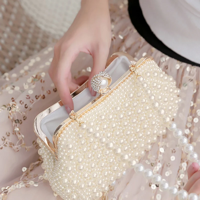 Luxury Pearl Evening Hand Bag Women Handmade Beading Banquet Handbag Bridal Wedding Dinner Party Day Clutch Phone Wallet XA831H