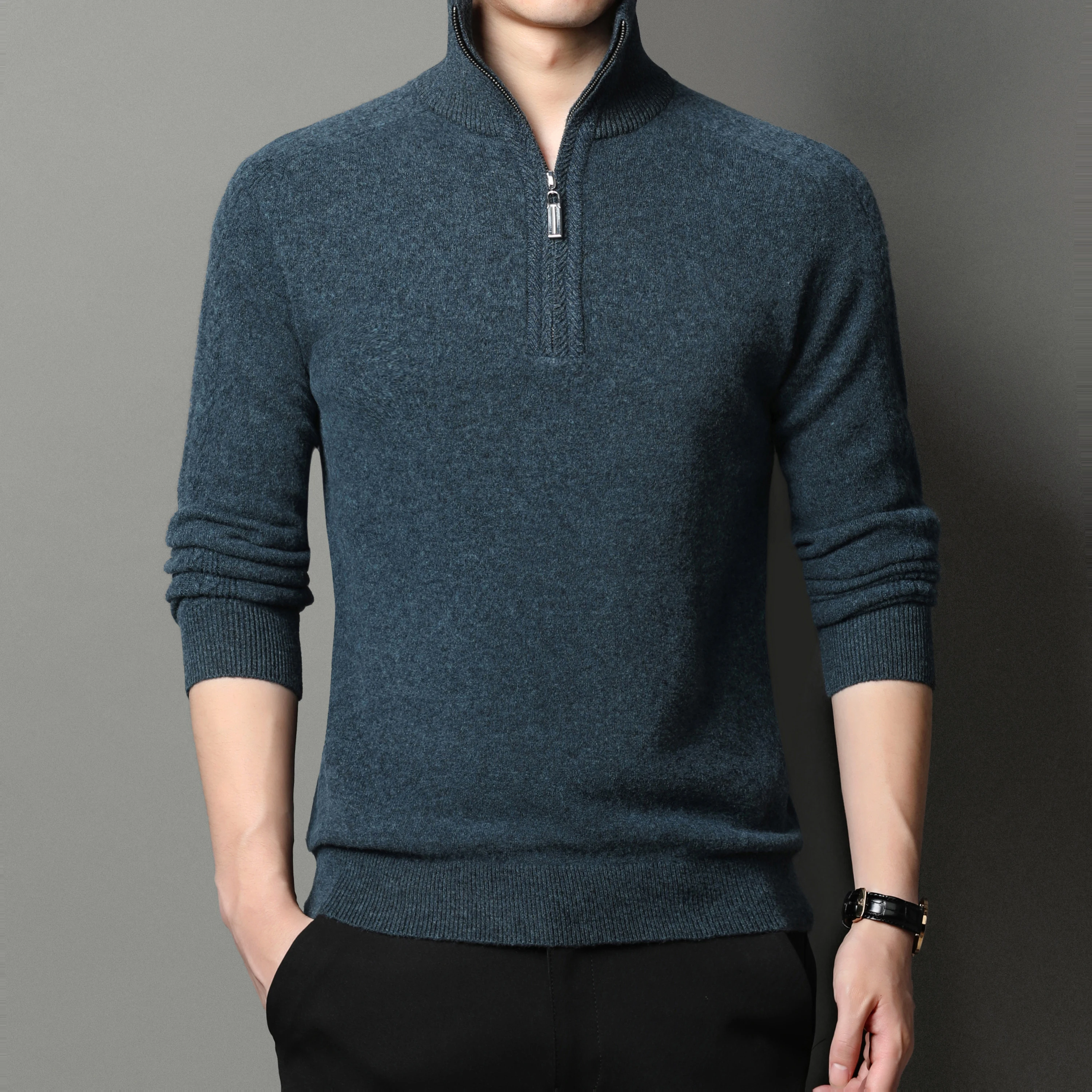 New 2021 Men's Cashmere Zipper Sweater Autumn & Winter 100% Wool Turtleneck Jumper Male Solid Color Pure Wool Knitwear Pullover