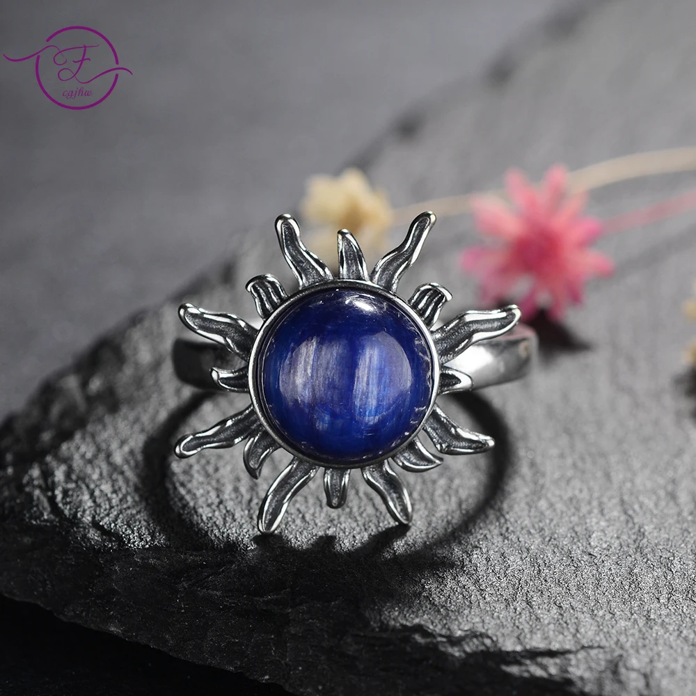 

New Sun Shape Sterling Silver 925 Ring Natural Kyanite Ring for Women Men Luxury Finger Ring Party Gift Jewelry