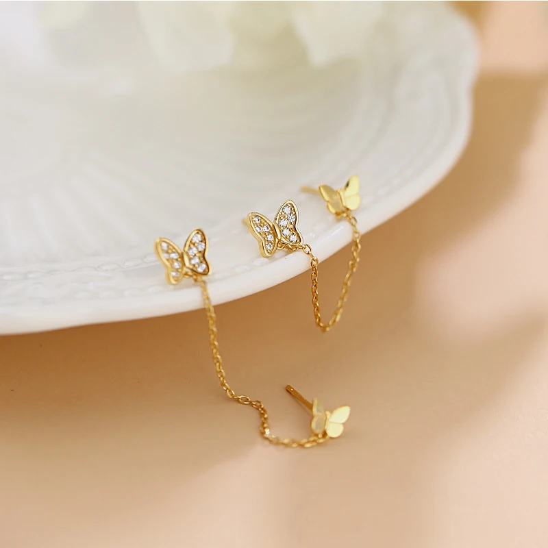 ANENJERY Butterfly Stud Earrings for Women Double Ear Hole Tassel Chain Earrings Jewelry