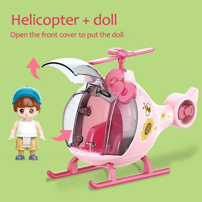 2021 Children Q Version Helicopter Model Toy Kids Assembly Play House Toys With Doll Baby Educational Toys Birthday Gift