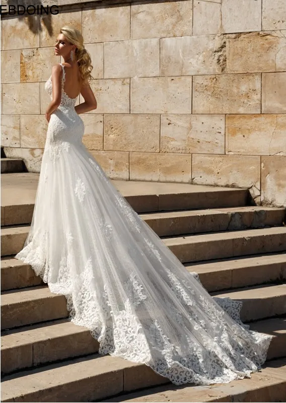 Vestido De Novia De sirena De encaje elegante, escote en V, Espalda descubierta, talla grande