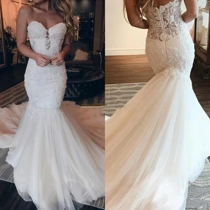 

ANGELSBRIDEP Sweetheart Mermaid Wedding Dresses Robe de mariee Sexy See-Though Back Court Train Formal Bridal Wedding Gowns HOT