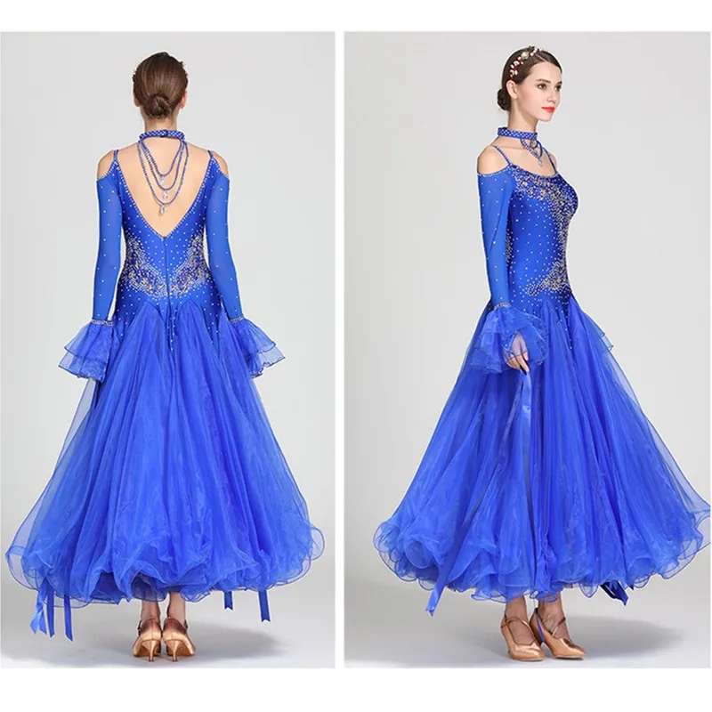 Vestido de baile de salón con flecos, traje de competición de Vals, Foxtrot, traje de Rumba, cinta azul con hombros descubiertos