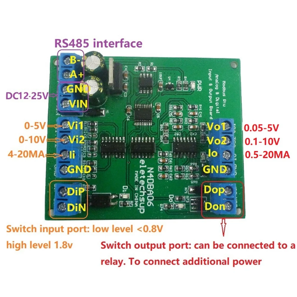 Din Rail DC 12V 8CH Analog Digital Input Output Devices 0-5V 0-10V 4-20MA DAC ADC RS485 Modbus RTU Board for PLC