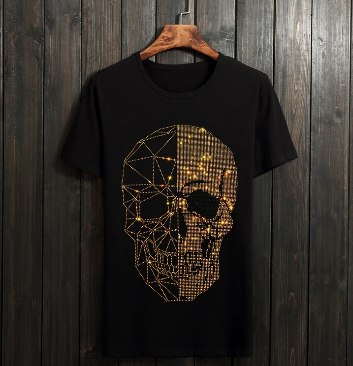S-6XL Summer Top Mens Skulls Rhinestones Skull Graphic t Shirt Modal Cotton Anime Short Sleeve Slim Tee