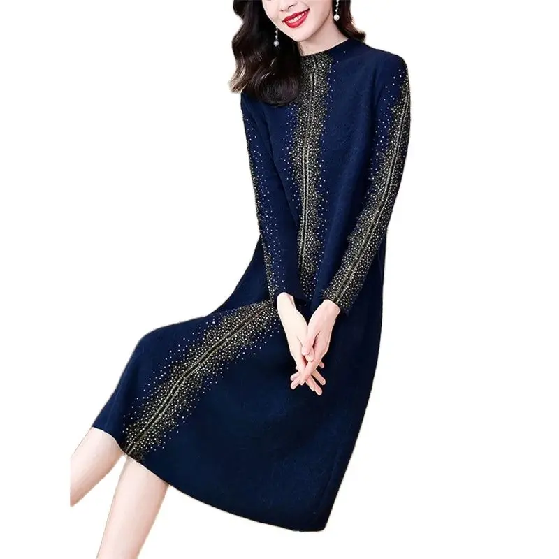 Elegant Mother Sweater Bright Silk Knitted Dress Temperament Half High Neck Loose Long Dresses Women Fashion 5XL Dark Blue