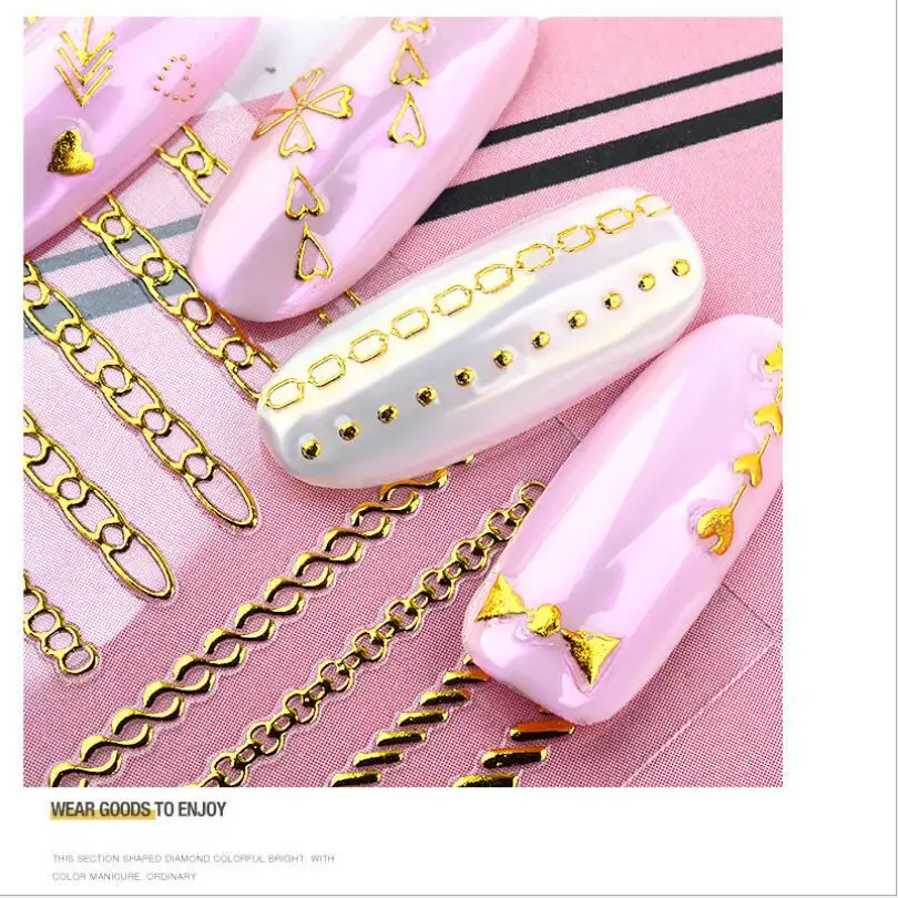 

1pc/set Hot Sale New Arrivals 3D Nail Decal and Stickers DIY Art Manicure Gummed Gold Metal Chain Zipper Stickers T1615