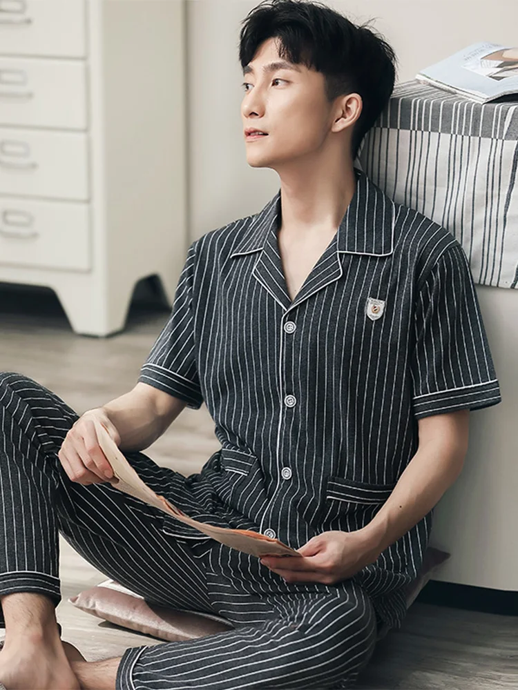 100% Cotton Pajama for Men Summer Short Sleeves Pyjama Button-Down Striped Cotton Pijama Hombre 2PCS Nightwear PJ Plus Size 4XL