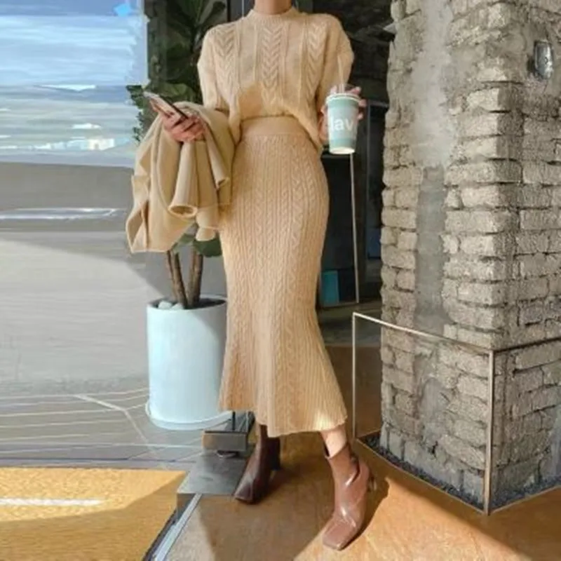 

Autumn Winter Fashion Knitted 2 Piece Set Women O-Neck Sweater Pullover Top + Bodycon Midi Skirt 2Pcs Suit