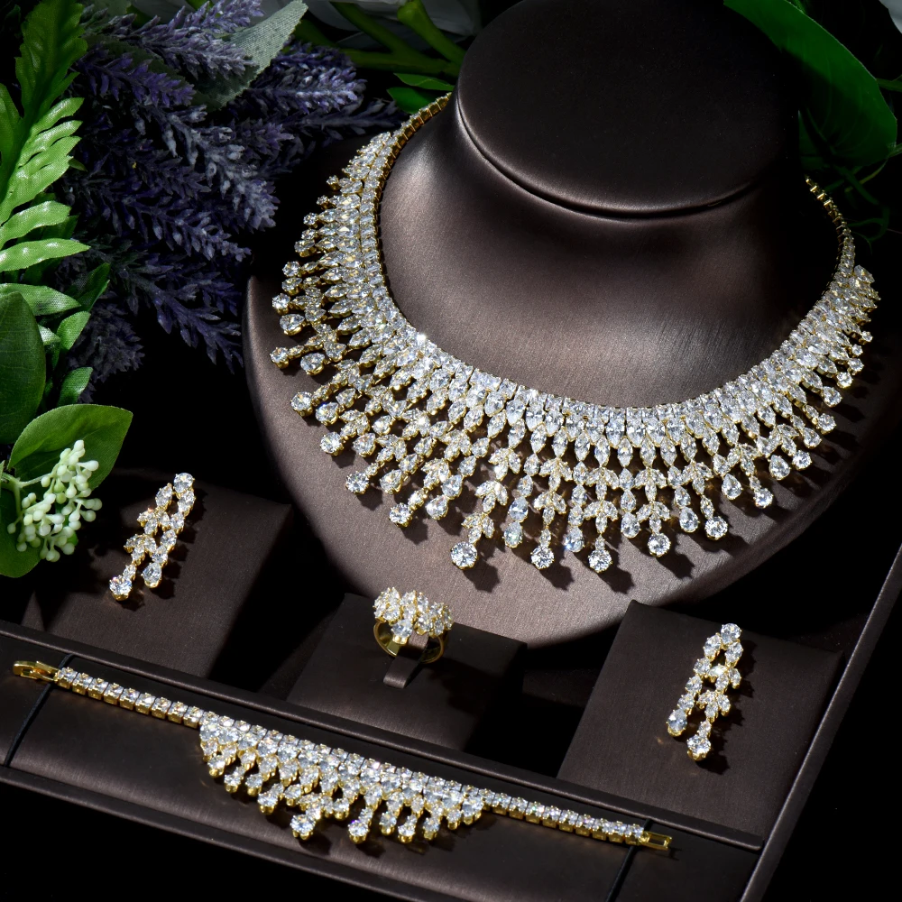 HIBRIDE New Luxury Bridal Engagement Wedding Jewelry Set Shiny Water Drop Shape Necklace and Earring Set Women Accessories N-269