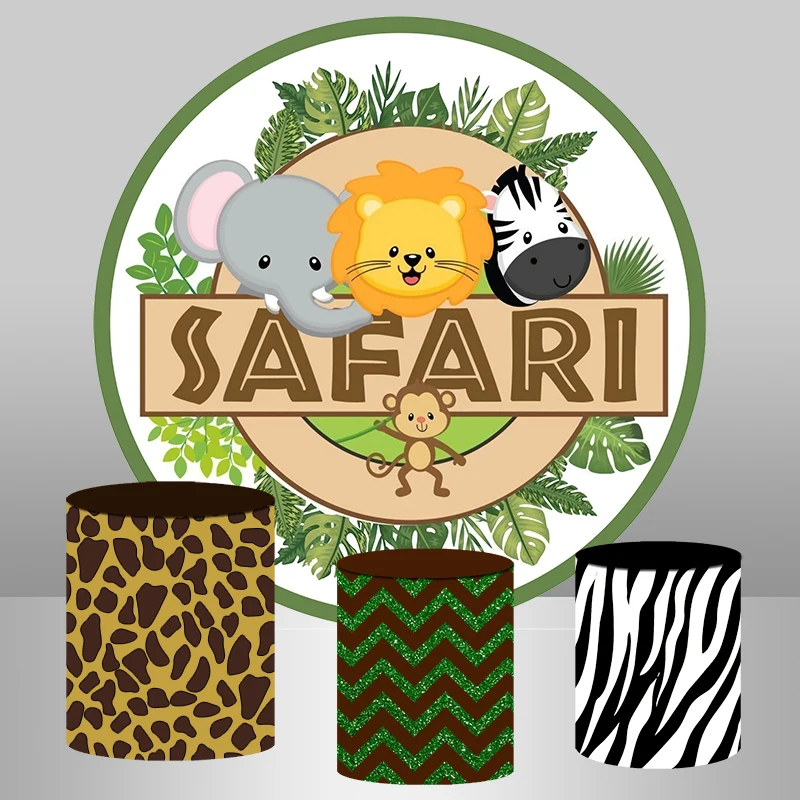 

Jungle Safari Party Circle Round Backdrop Boy st Birthday Party Decoration Cake Dessert Cover Animals Elephant Lion Background