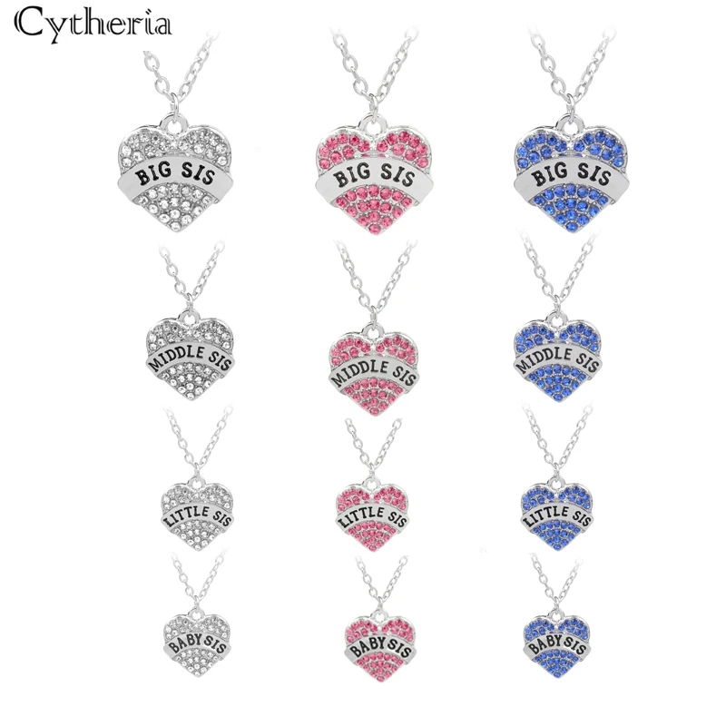 big middle little baby sis Necklaces For 2 3 4 sisters clear white pink blue crystal heart sister Necklace gift for best sister