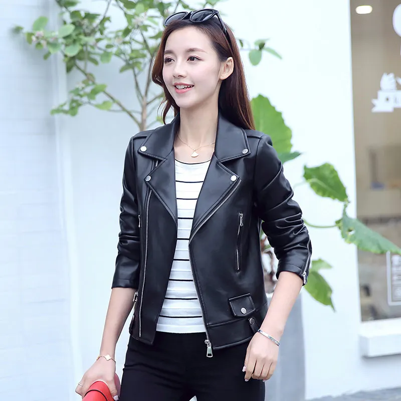 UHYTGF ฤดูใบไม้ผลิฤดูใบไม้ร่วงแจ็คเก็ตหนังผู้หญิง PU หนังสั้น Slim Coat Slim Biker แจ็คเก็ตล้างหนังขนาดใหญ่ Tops 827