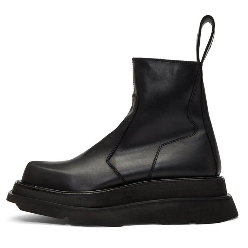 Na moda aumento da altura do inverno dos homens calcanhar grosso zip mid-calf plataforma botas de couro masculino pele quente sapatos de motocicleta