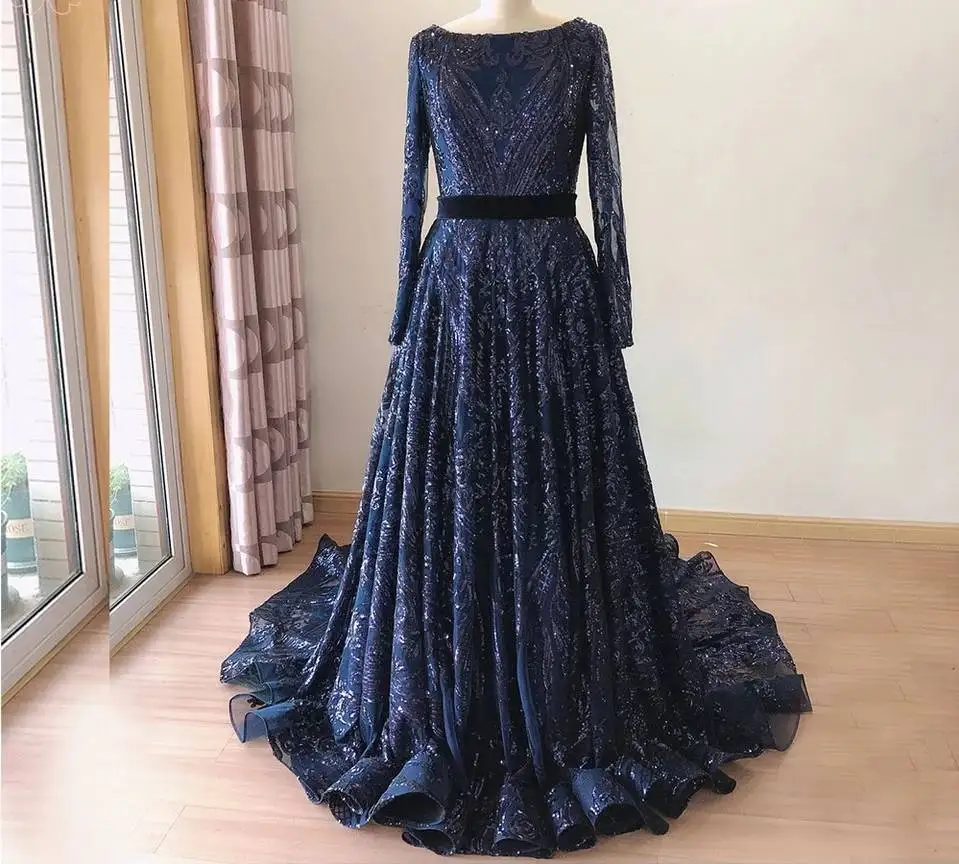 Dubai A-Line Luxury Evening Dresses Muslim 2021 Vintage Long Sleeves Sequined Sparkle Formal Prom Party Gowns Vestidos De Gala