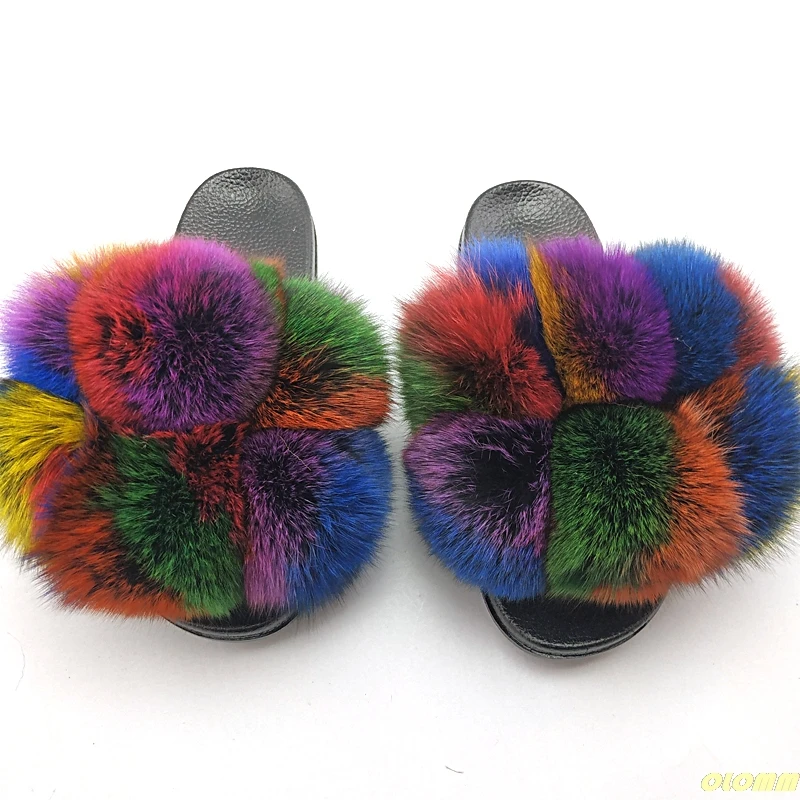 Furry Pom Pom Fur Slides Women Fur Slippers Reall Fox Fur Flip Flop Flat Fluffy Fur Ball Sandals Ladies Cute Rainbow Fur Shoes