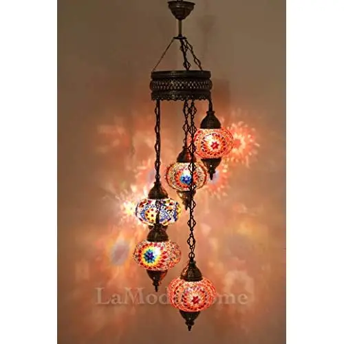 LaModaHome 40 + Unique Colors, 2020 Customizable Chandelier 5 Globes + Free 5 Bulbs, stunning Mosaic Turkish Lamp Moroccan Light