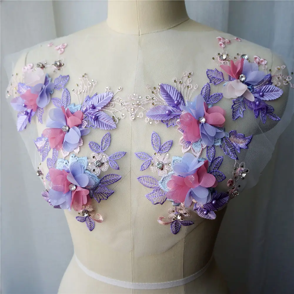 2 pezzi viola 3D fiore pizzo tessuto perline strass ricamato abito Appliques maglia cucire patch per la decorazione di cerimonia nuziale vestito fai