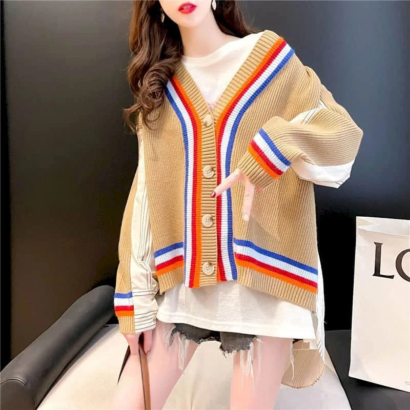 2024 Spring Stitching Shirt Sweater Cardigan Women Loose All-match Size New Lazy Style Knitted Jacket Simple Loose Cardigan