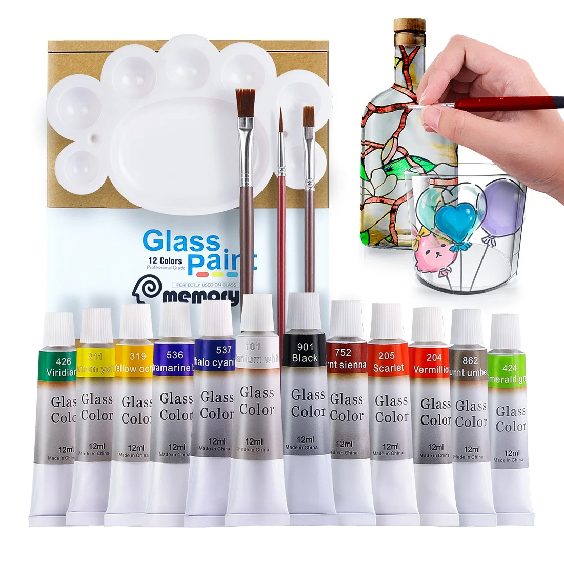 

Glass Paint Set 12Colors 3 Brushes & 1 Palette Art Craft Paints for Artists Students Beginners & Painters，Art Supplies pigment