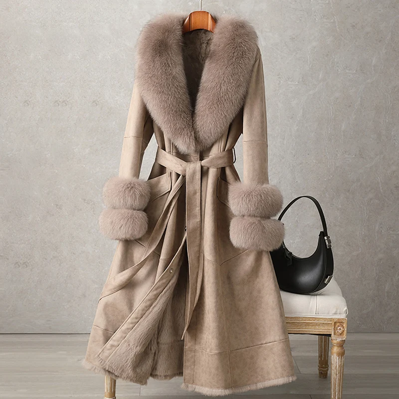 Whole Skin Rabbit Leather Fur Coat 2021 New Mid-Length Fur Women over the Knee Coat with Fox Fur Collar Slim Fit