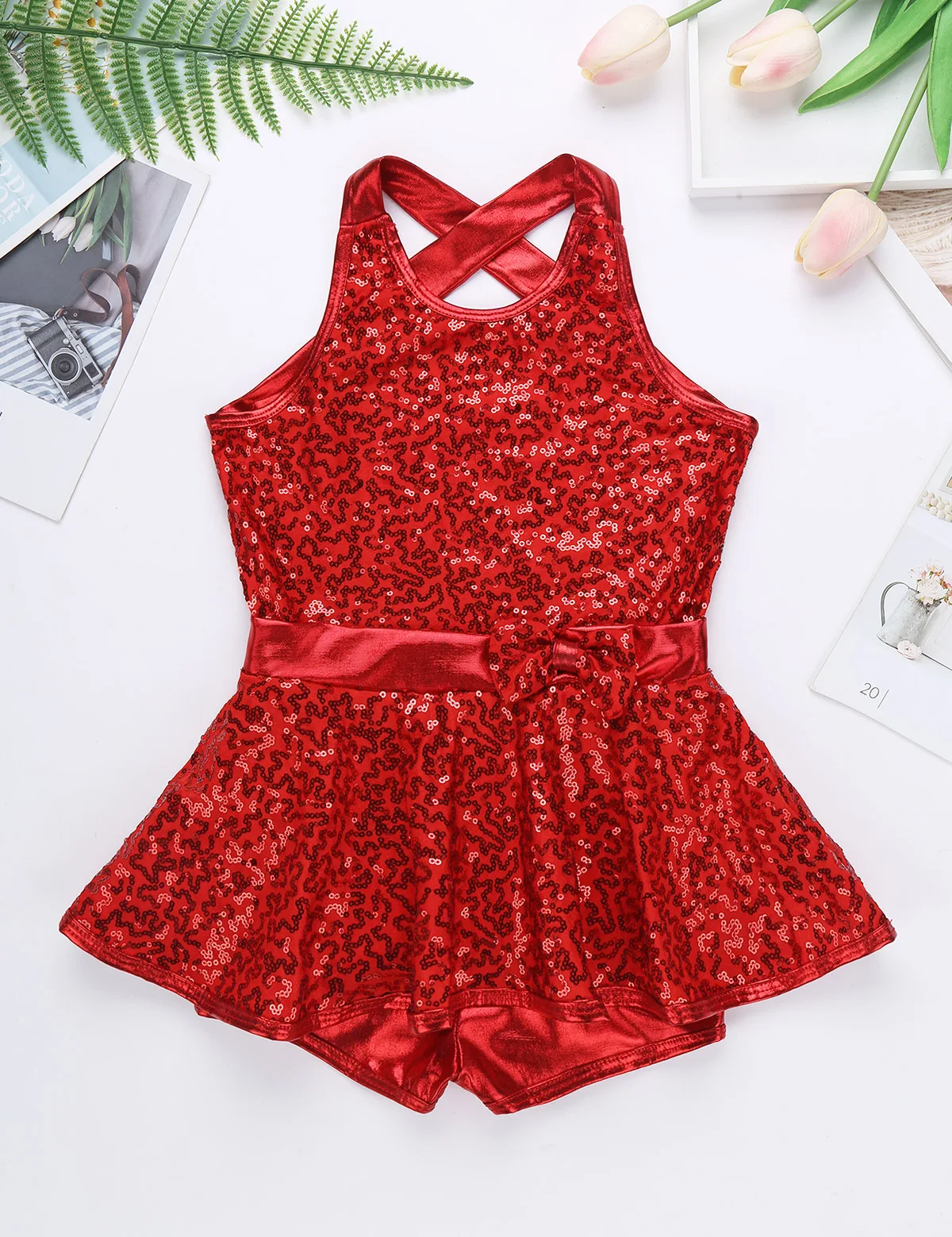 

Kids Girls Jazz Modern Tap Dancewear Sleeveless Sequined Criss Cross Back Waist Bowknot Gymnastic Ballet Dance Leotard Dress