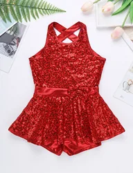 Kids Girls Jazz Modern Tap Dancewear Sleeveless Sequined Criss Cross Back Waist Bowknot Gymnastic Ballet Dance Leotard Dress