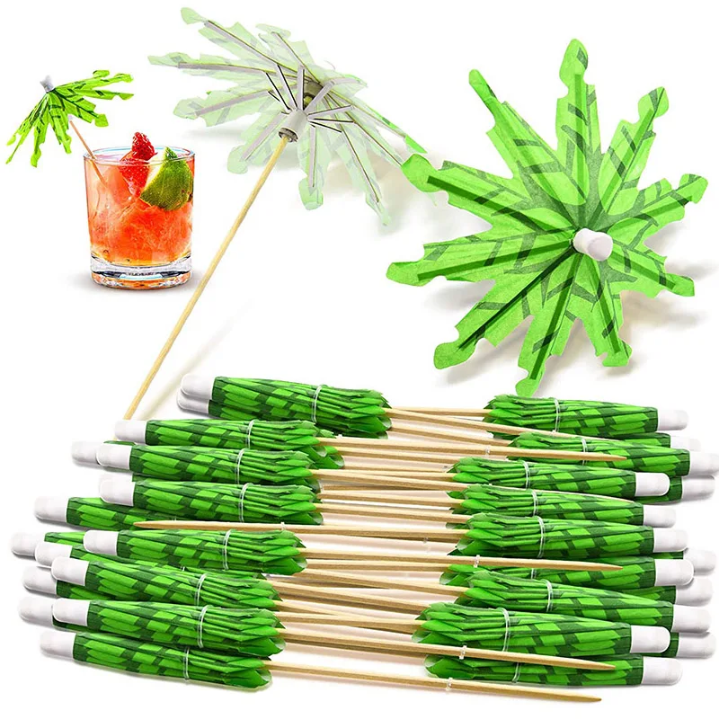 50PCS Green Tropical Coconut Palm Tree Paper Umbrellas Cocktail Parasol Picks Cupcake Toppers Picks, Pack of 50